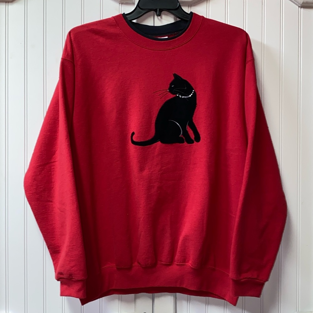 Y2K Black Cat Sweatshirt 2XL Goth Vintage Velour Cat Lover 2000s Granny - Picture 2 of 5